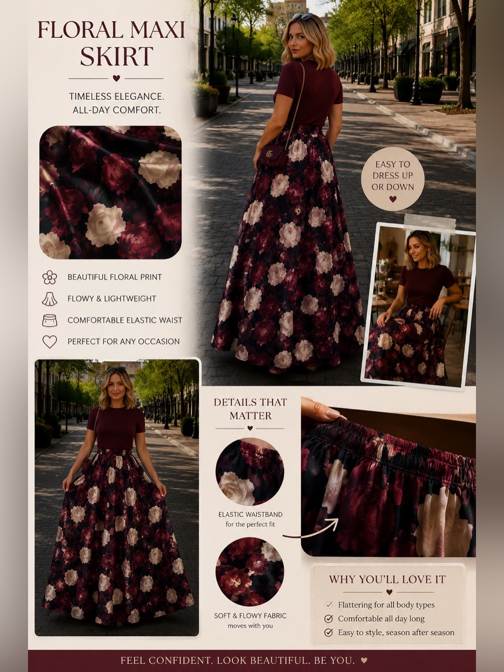 Women's Burgundy Floral Maxi Skirt with Elastic Waist